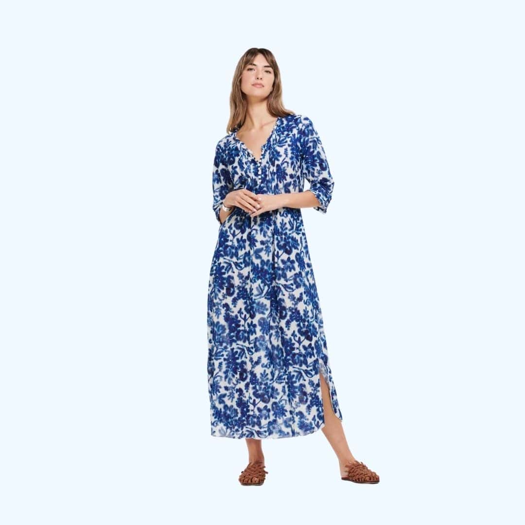 Antigua Long Poppy Blue Lang Bomuldskjole Blåt Print