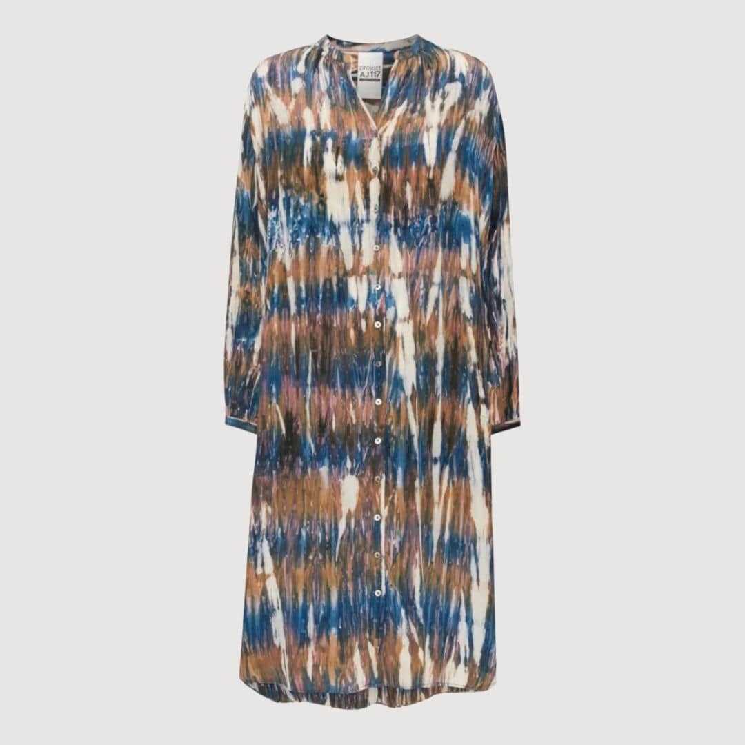 Se Paris dress DK11-223, skjortekjole i blå og brun tie dye hos Pistache