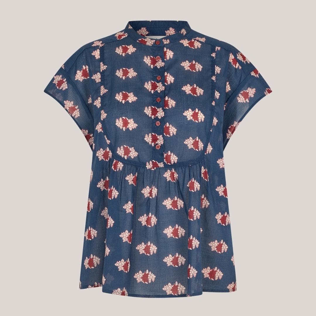 MollyLL Top SS. bomulds top i mørkeblå med print