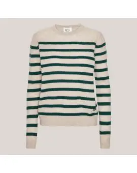 Bibi striped O-neck, Cashmere bluse i cream med grønne striber - BETA Studios