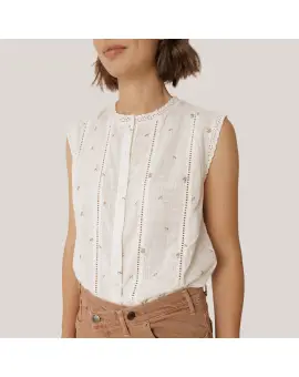 MC126 Camisa, Top i bomuld i cream med broderet blomster - INDI&COLD