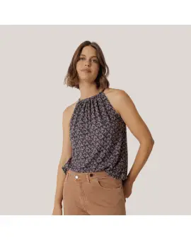 MI141 Camisa top i mørkeblå med print - INDI&COLD