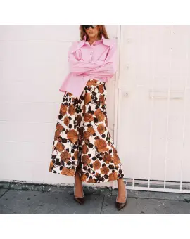 JULIO Long skirt - Beige og brun A-formet blomsternederdel - Essentiel Antwerp