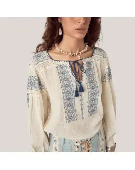 Claudia Blouse, bomulds skjorte bluse i hvid med blå broderi - Skjorter & Bluser