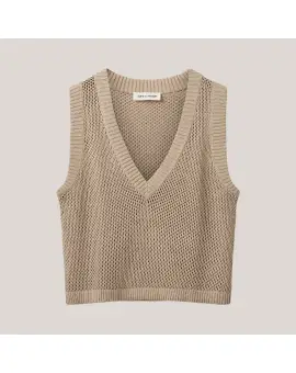 AelleSW Knit Vest, Løs strik med V-hals i sand - Veste