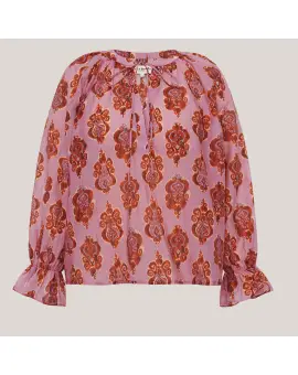 BiharLL Blouse LS, skjorte bluse i pink med motiver - UDSALG