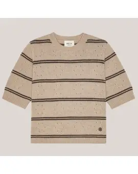 Mille Short Sleeve, Uld og cashmere strik i sand med brun strib - Cashmere