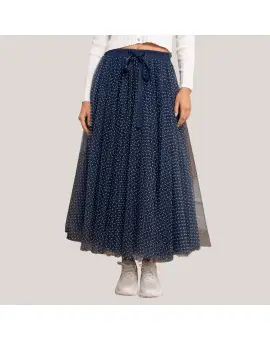Tulle tyld skirt i navy blå med hvide prikker - Nederdele