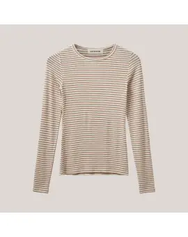PetriciaSW T-shirt Long Sleeve, langærmet rib-tee i Beige Striped - Sofie Schnoor