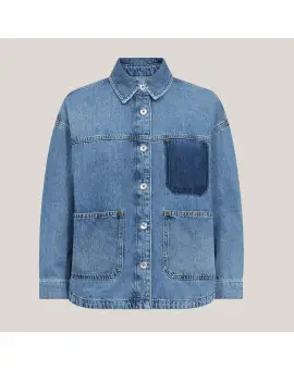 MMOline Enk Shirt, denim jakke i blå vask med tekst på ryggen - Mos Mosh