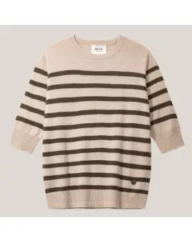 Bianca Striped Lady Sleeve cashmere sweater i strib med kort ærme - Cashmere