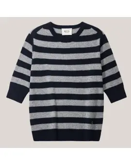 Nickie Lady Sleeve, cashmere sweater i strib grå og navy - BETA Studios