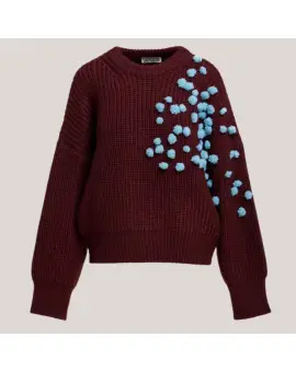 Kostar Embroidered Pullover, bordeaux strik med turkis pompom - UDSALG