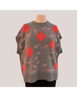 Karra Jacquard pullover strikkede vest i grå og orange mønster - UDSALG