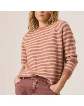 Jersey Knit Sweater, strik bluse rosa og cream strib og med rund hals - UDSALG