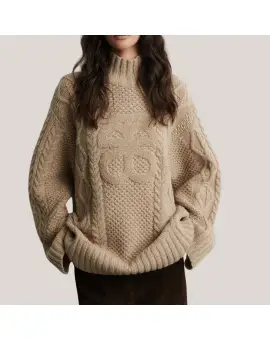 Janne Knit T-Neck, oversize strikbluse med rullekrave i sand - Sweaters & Strik